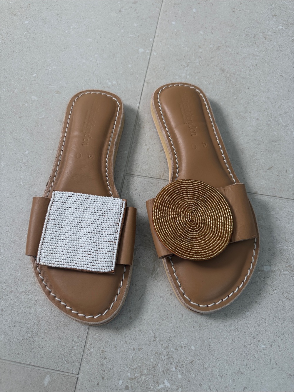 Women’s Tan Mix Match Slide Sandals with Beaded Accent Detail - Picture 2 of 4